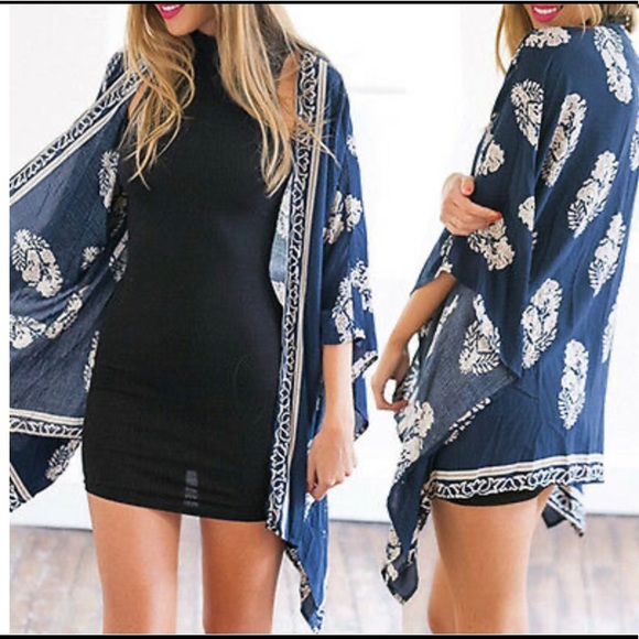 NWOT Beautiful Navy Bohemian Open Kimono - Picture 5 of 14
